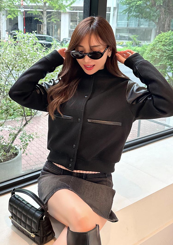 Melton fake leather blouson　LD032 - Black