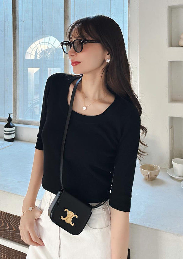 Deep U neck Knit top　LD046 - Black