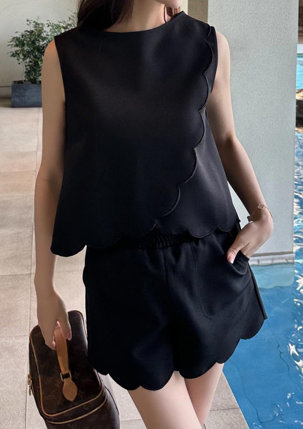 2way scalloped sleeveless tops　LD058 - Black