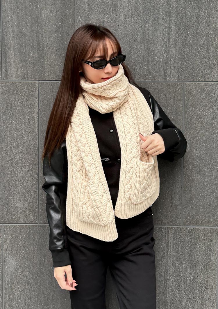 Cable knit wool scarf　LD070