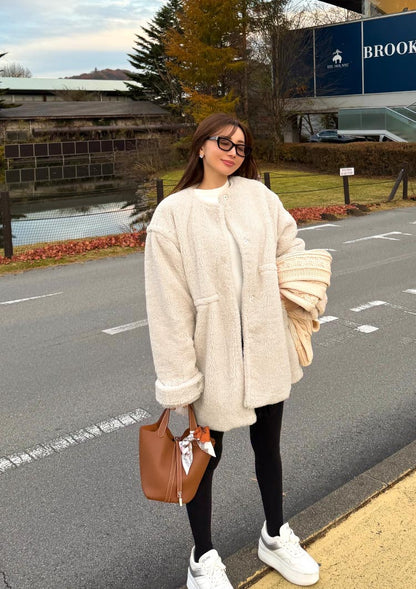 Collarless boa coat　LD075