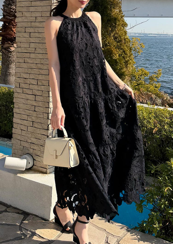 Scalloped Lace Halter Dress　LD079 - Black