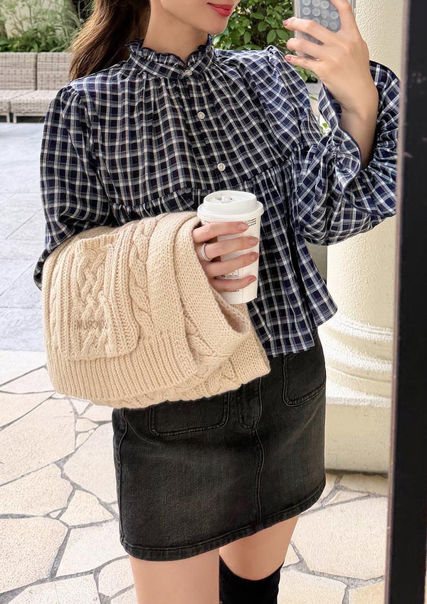 Frill check blouse　LD087 - Navy×White