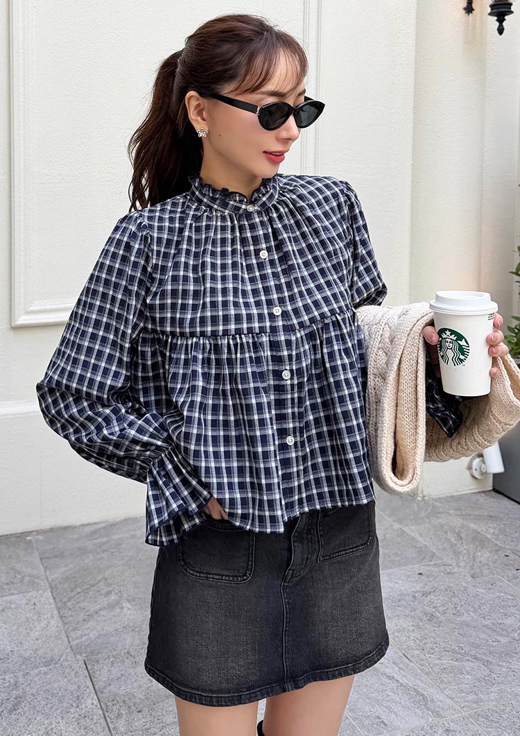 Frill check blouse　LD087